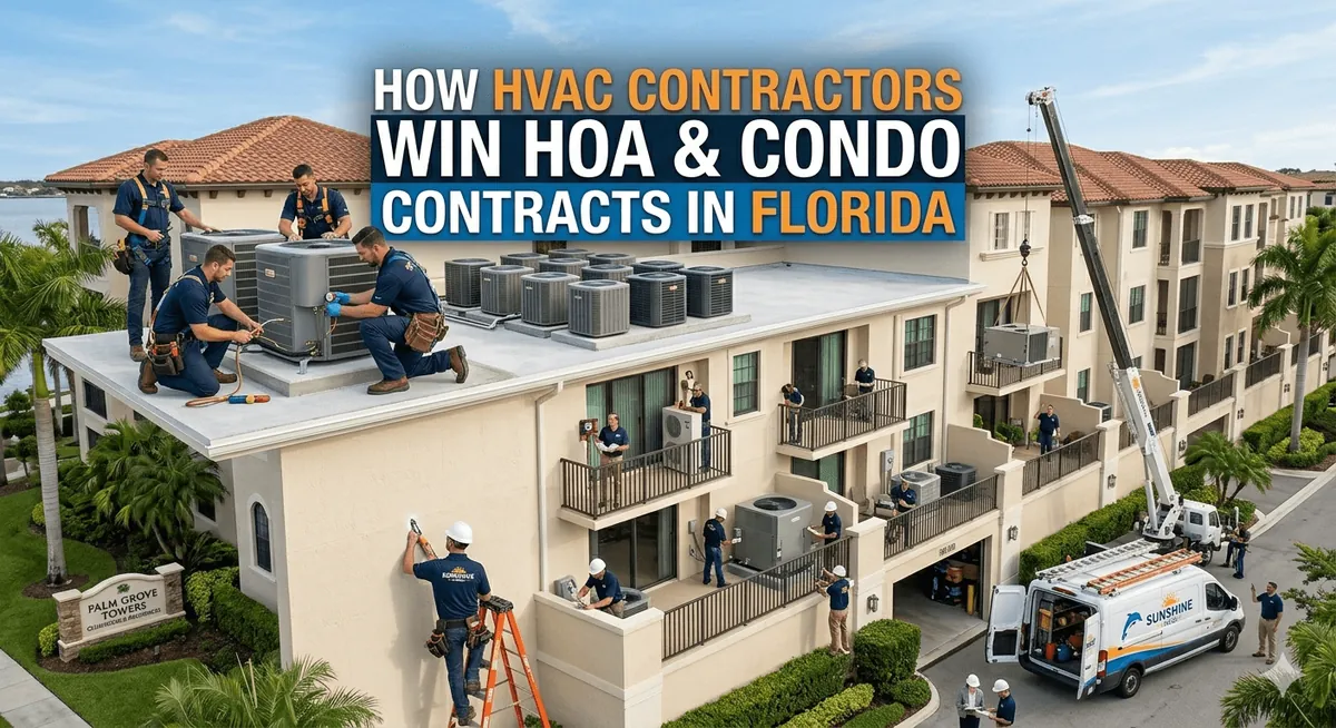 HVAC technicians servicing rooftop air conditioning units at a Florida condo building