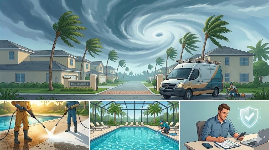 Hurricane HOA contractor — inspecting storm damage at a Florida community