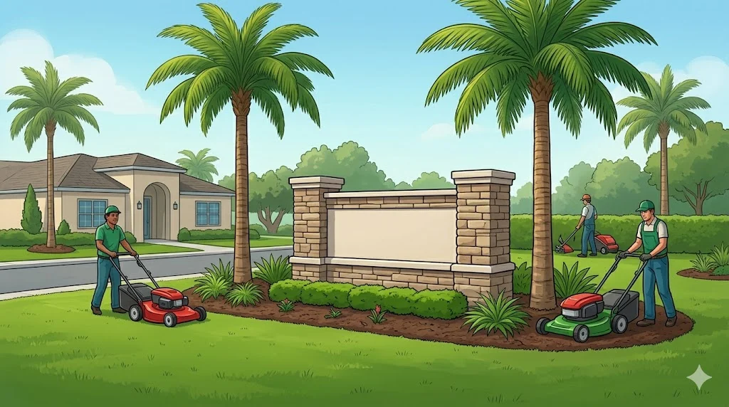 Landscaping HOA contracts — crew maintaining Florida HOA community grounds
