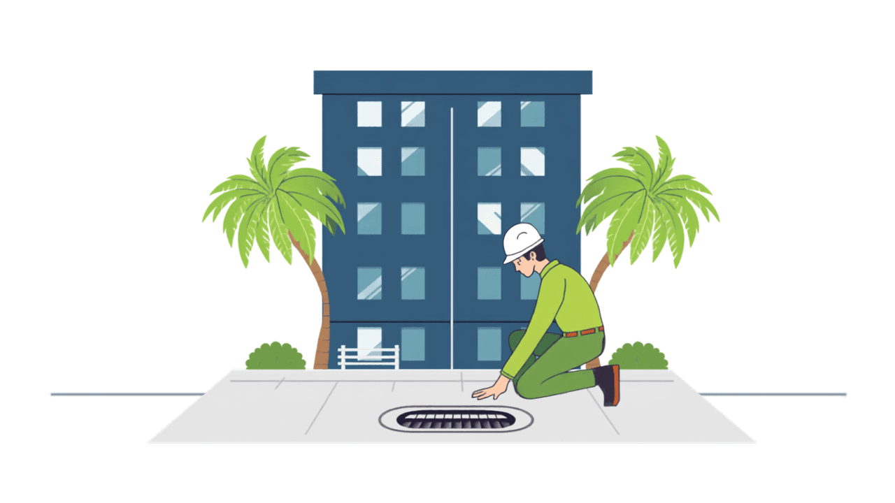 Contractor inspecting a storm drain at a Florida condo building