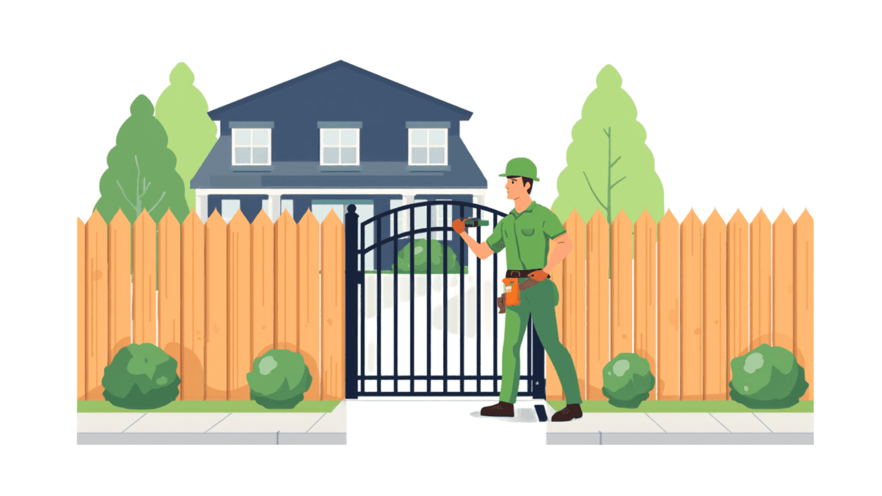 Illustration of a fence contractor in a green uniform installing a wooden perimeter fence and iron gate at a Texas HOA community