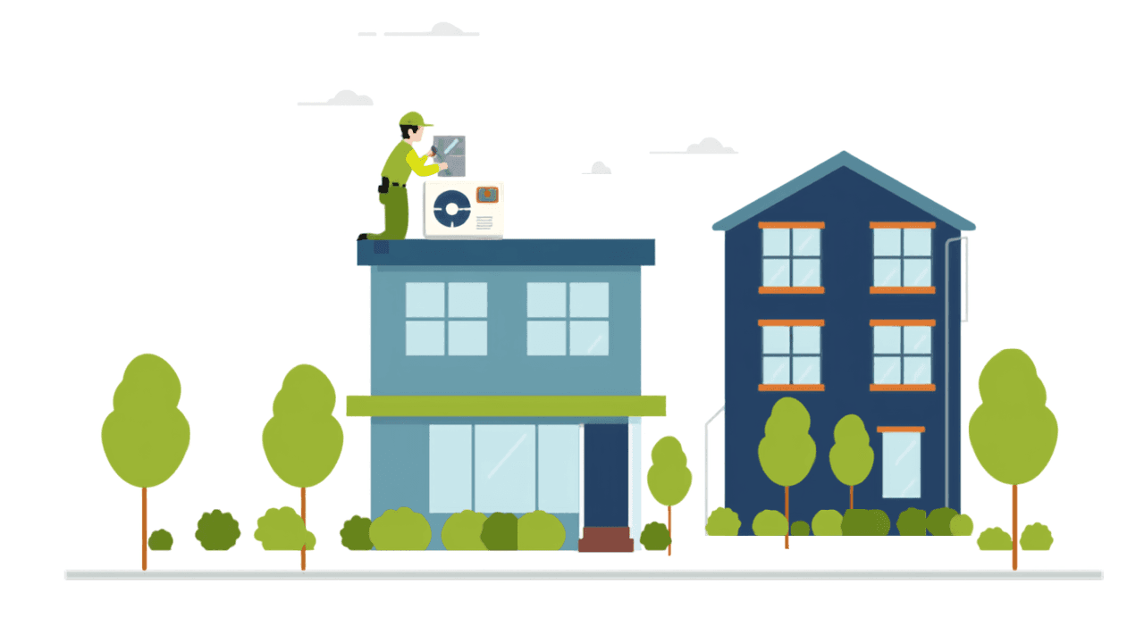Illustration of an HVAC technician servicing a rooftop air conditioning unit at a colorful Texas HOA townhome community