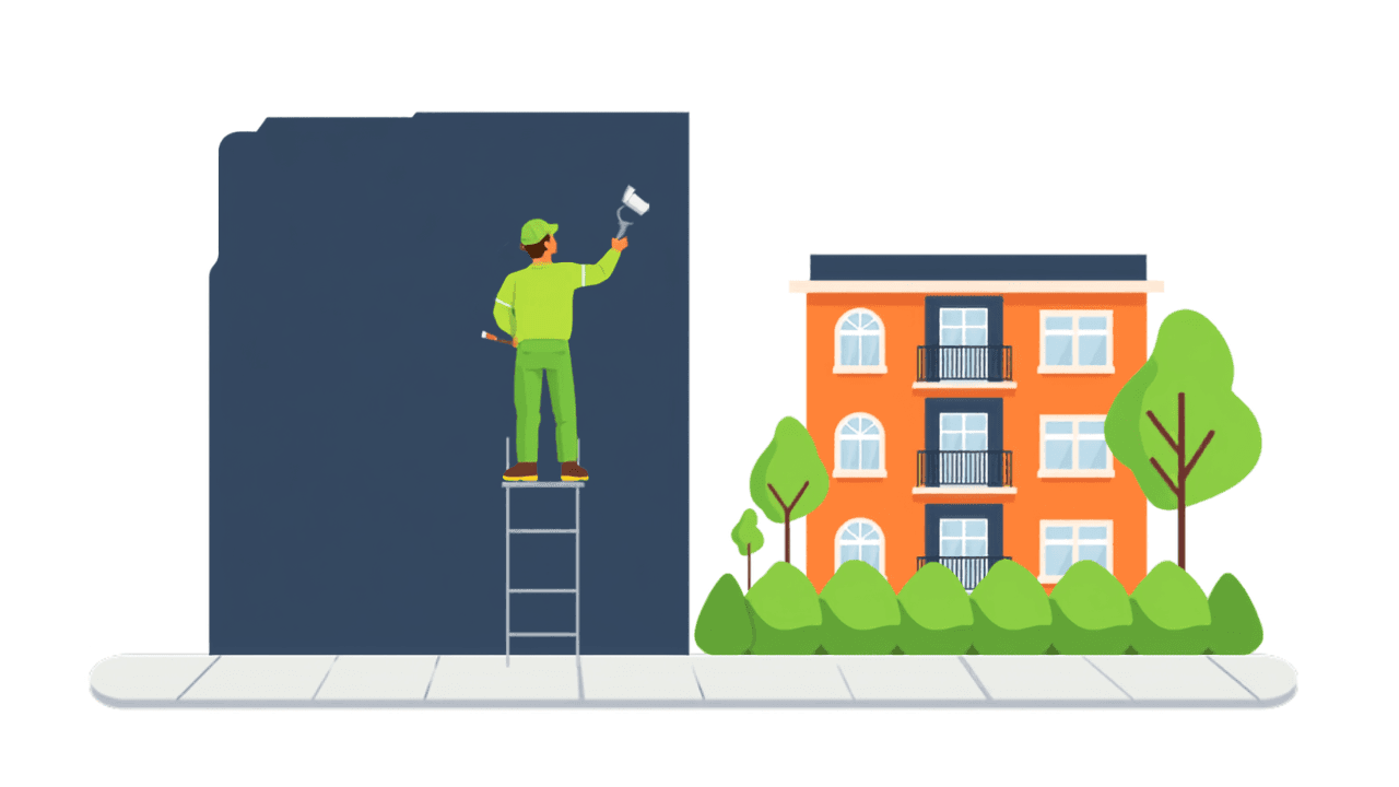 Illustration of a painting contractor in a green uniform on a ladder painting the exterior wall of a Texas HOA condo building
