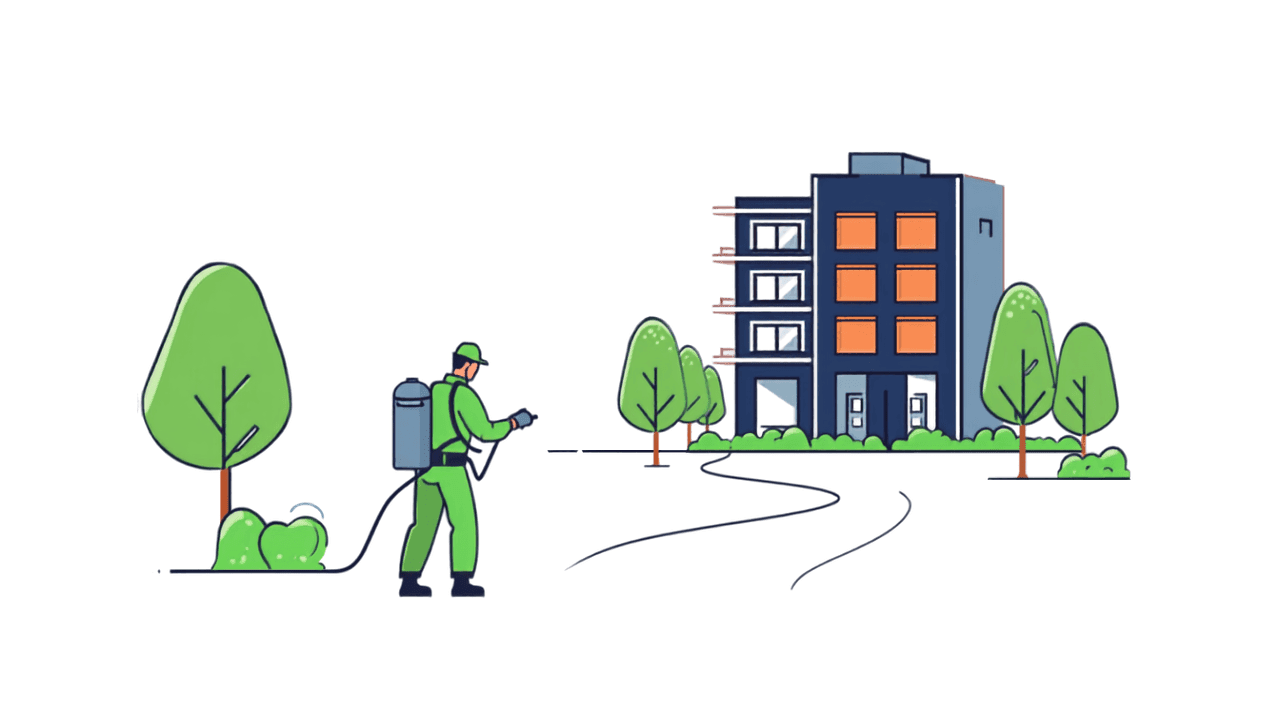 Illustration of a pest control technician in a green uniform spraying treatment near a Texas HOA condo building