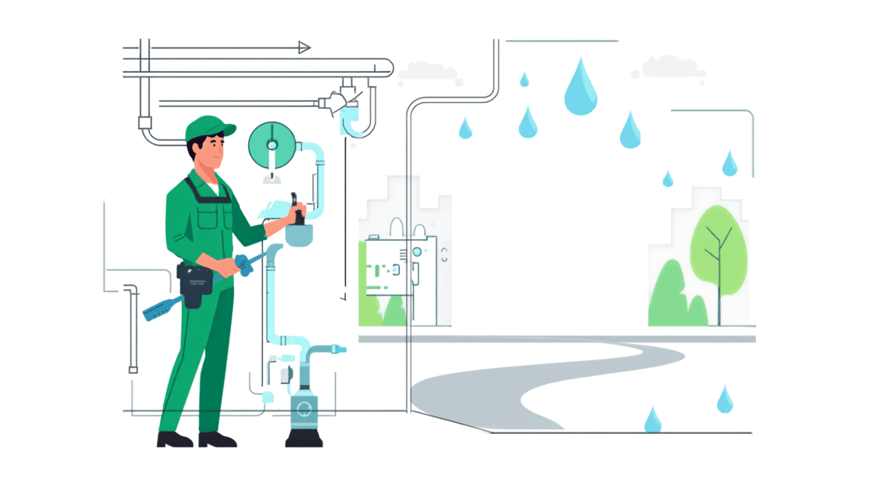 Illustration of a plumber in a green uniform repairing pipes with visible water droplets at a Texas HOA condo community