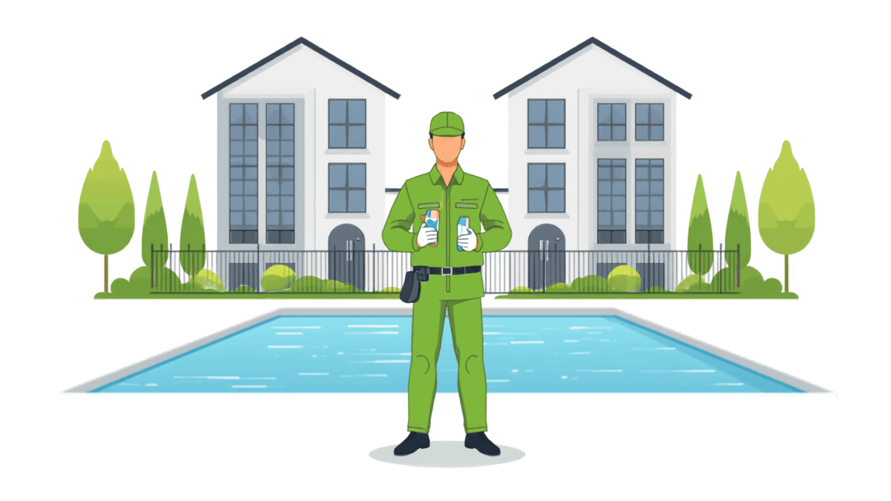 Illustration of a pool service technician in a green uniform holding water testing supplies at a shared community pool at a Texas HOA