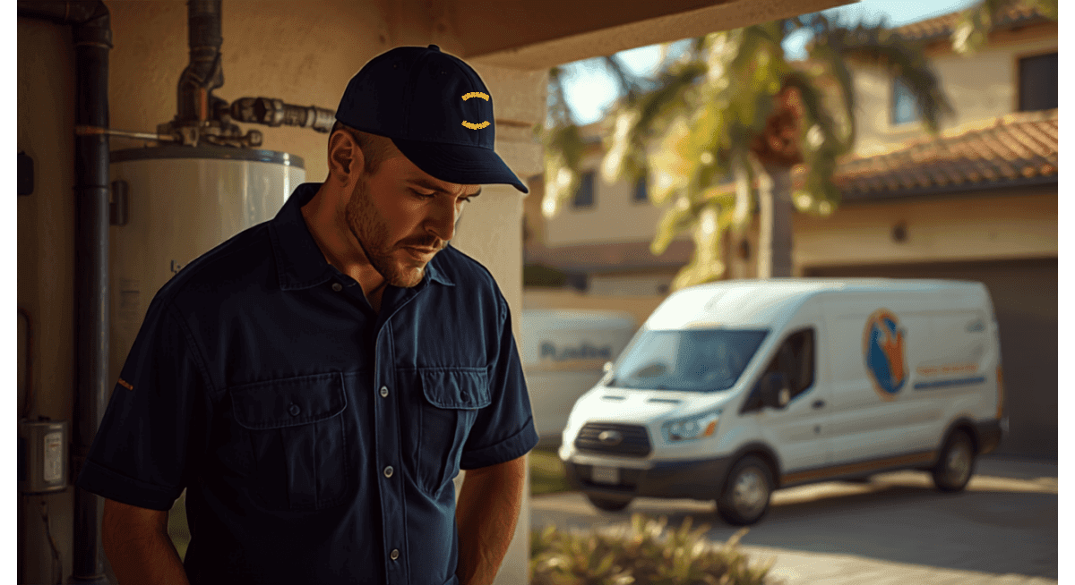 Plumber inspecting a water heater and pipes at a Florida HOA condo building, branded service van in the background
