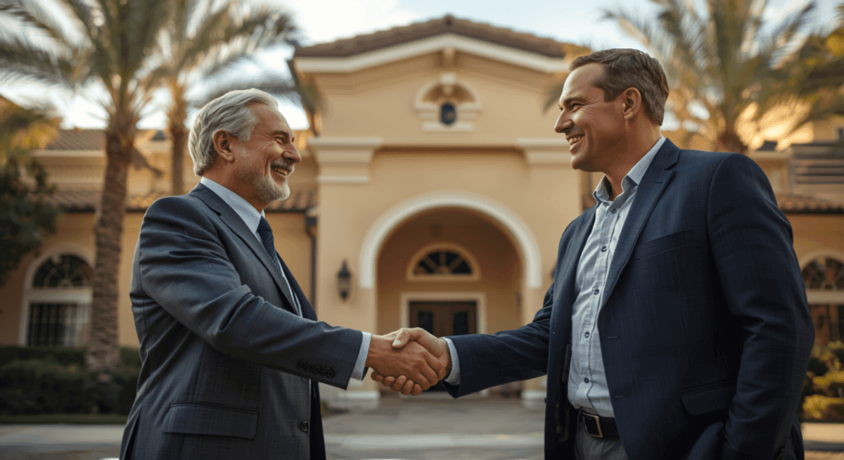 Property manager shaking hands with a retired HOA board member outside a Florida condo community