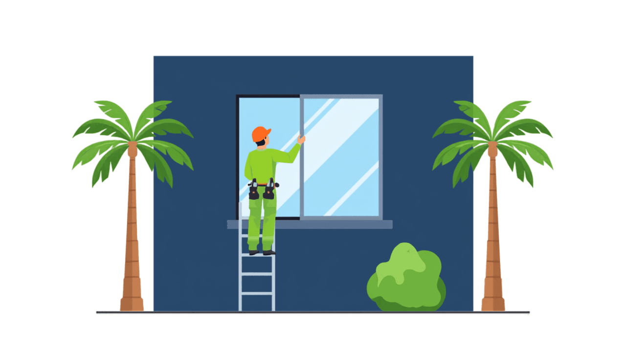 Contractor installing an impact window on a Florida condo building
