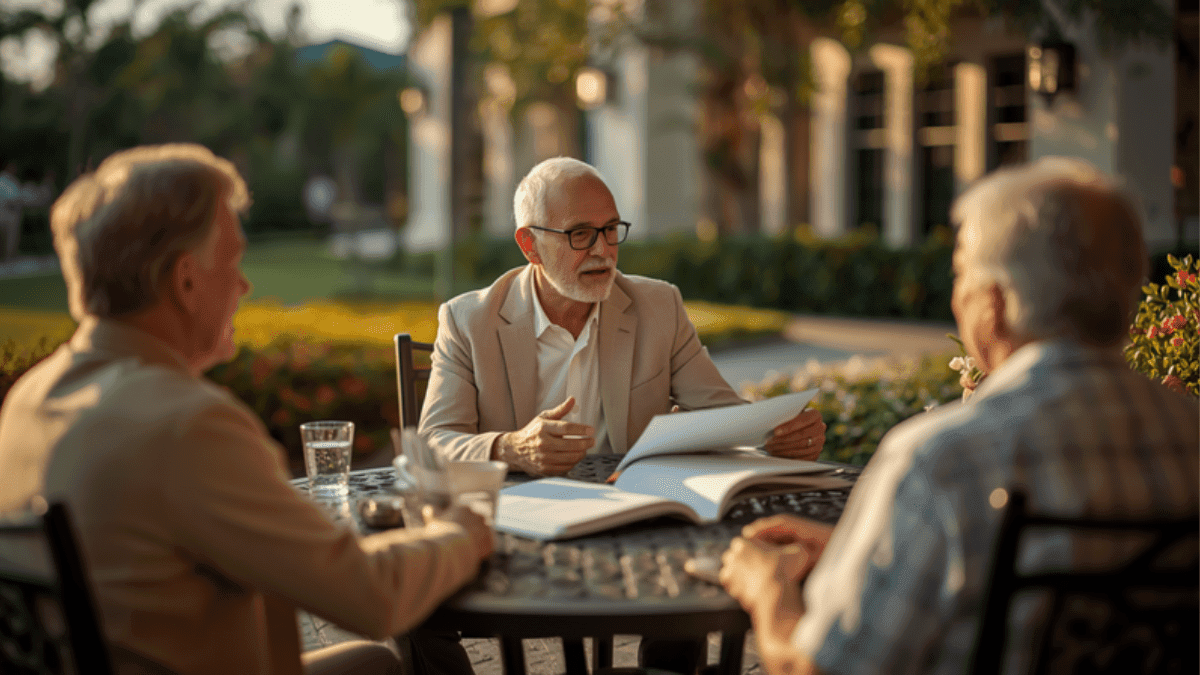 Insurance agent reviewing a policy document with two HOA board members outside a Florida clubhouse