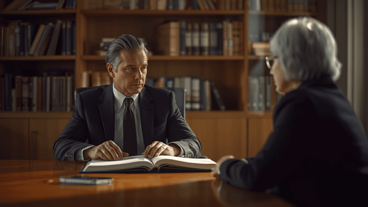 Attorney reviewing an open binder of HOA governing documents with a board member