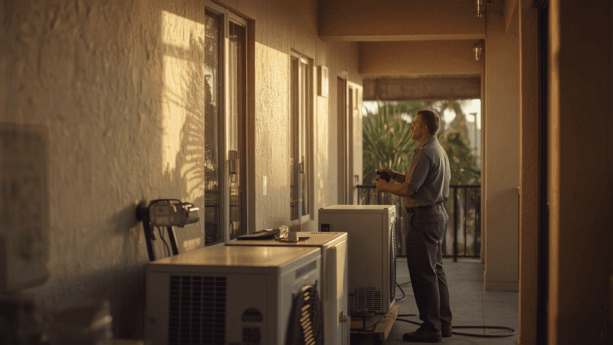 Restoration technician running drying equipment in a Florida condominium breezeway after water damage