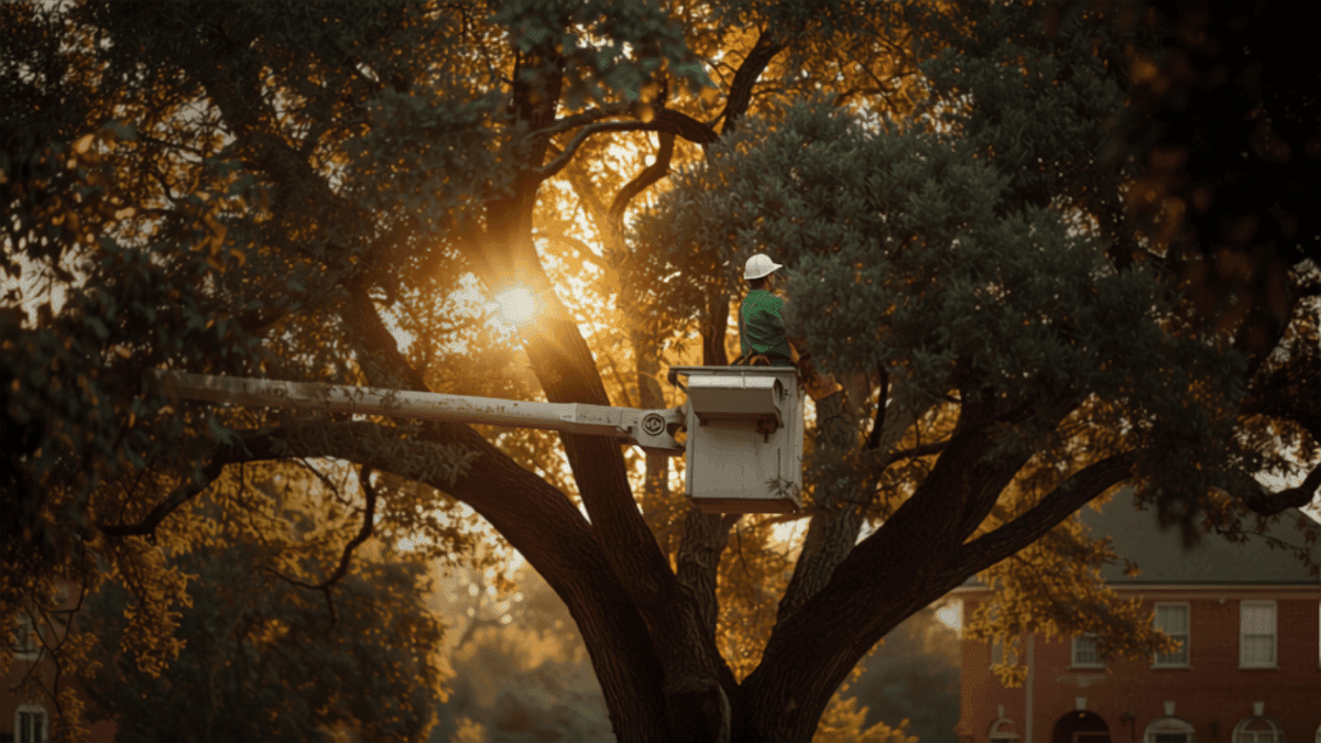 Tree service worker in a bucket lift pruning a large live oak in a Texas HOA neighborhood