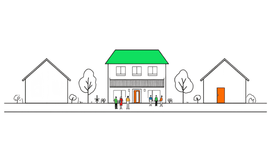 Line drawing of a condominium building and two townhouses with residents and a property manager standing outside